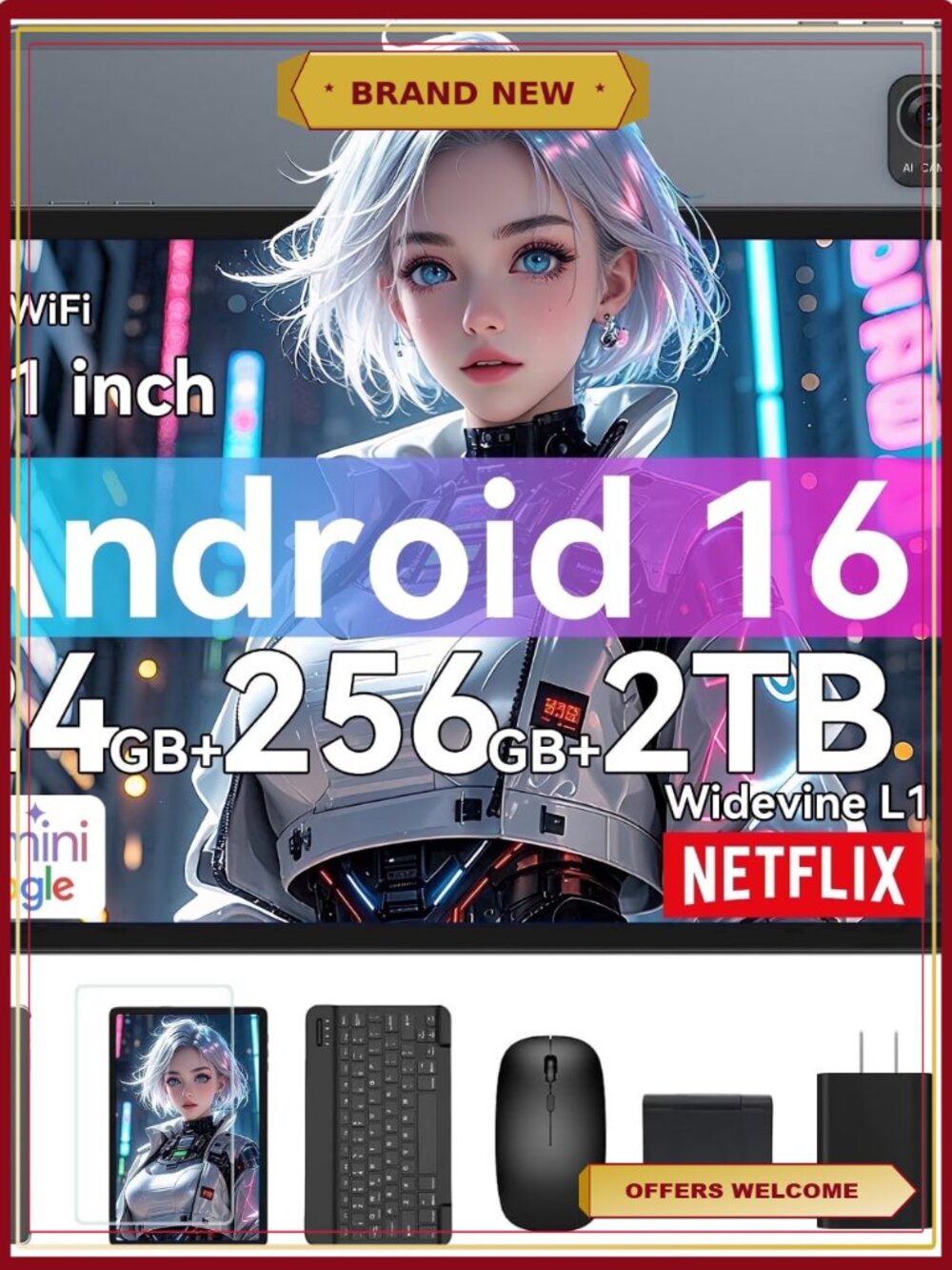Android 16 Tablet 10.1 Inch 24GB RAM 256GB ROM 2TB Expand 2-in-1 with Keyboard